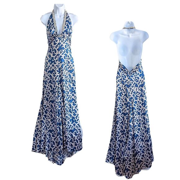 NWT Vtg Y2K BEBE Royal Blue & Silver Satin Rhinestone Halter Maxi Prom Gown Sz S - Picture 1 of 8